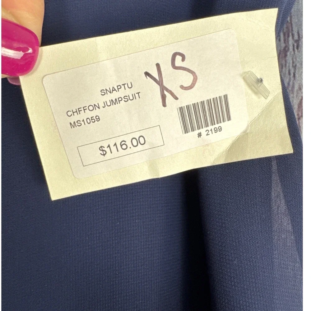 NWT Snappy Turtle Navy Blue Chiffon Overlay Jumpsuit XS Wedding Cocktail